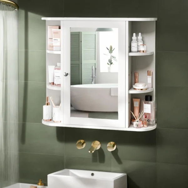Bathroom medicine cabinet, wall-mounted bathroom mirror cabinet, with 6 side shelves, white wall cabinet, with mirror, white