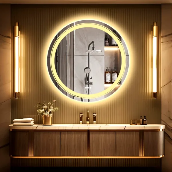 Circular illuminated bathroom mirror, dimmable LED illuminated circular wall-mounted dressing mirror, with defogging pad, smart touch sensor, suitable for makeup, shaving and hair styling, front-illuminated + backlit