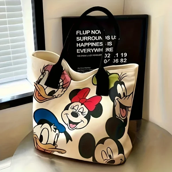1 large Disney Mickey Mouse and Minnie Mouse handbag - multi-color cartoon design, with black handles, spacious zipper closure shoulder bag, suitable for women, durable hand-washing, with reinforced edges, perfect for shopping, traveling and daily commuting. Bag