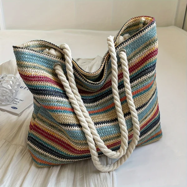 Bohemian-style women's woven straw handbag - lightweight and spacious beach shoulder bag, with zipper closure and fixed rope handle, colorful striped design in white/red/blue/orange/pink, perfect for travel, vacation and daily use, beach bag