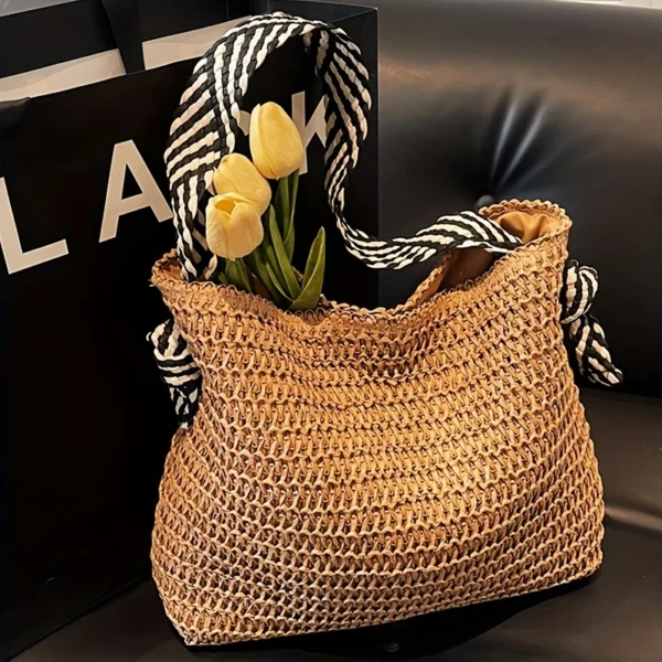 Perfect Lily Women's Bohemian Woven Handbag - Lightweight and large-capacity beach bag, with magnetic buckle fixed shoulder strap and polyester lining, khaki travel shopping daily multi-purpose handbag | Synthetic woven material, beach tote bag