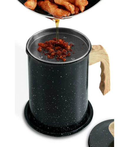 Grease Container with Strainer Black 1.4L Grease Catcher Cooking Iron Oil Filter with Lid Storage Lard for Cooking.